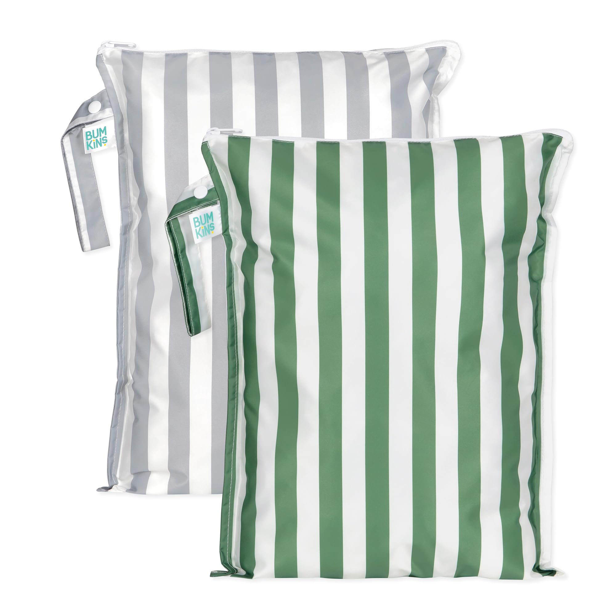Bumkins wet bag gray-green stripe front view supports travel organization