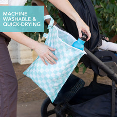 Bumkins larger wet bag shows machine-washable fabric for easy cleanup.