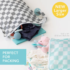 Bumkins larger wet bag mint-check close-up of waterproof fabric for travel durability.