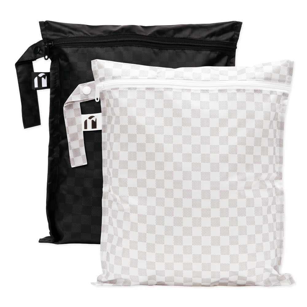 Bumkins Roamio wet bag open in black check for easy packing and quick access while traveling.