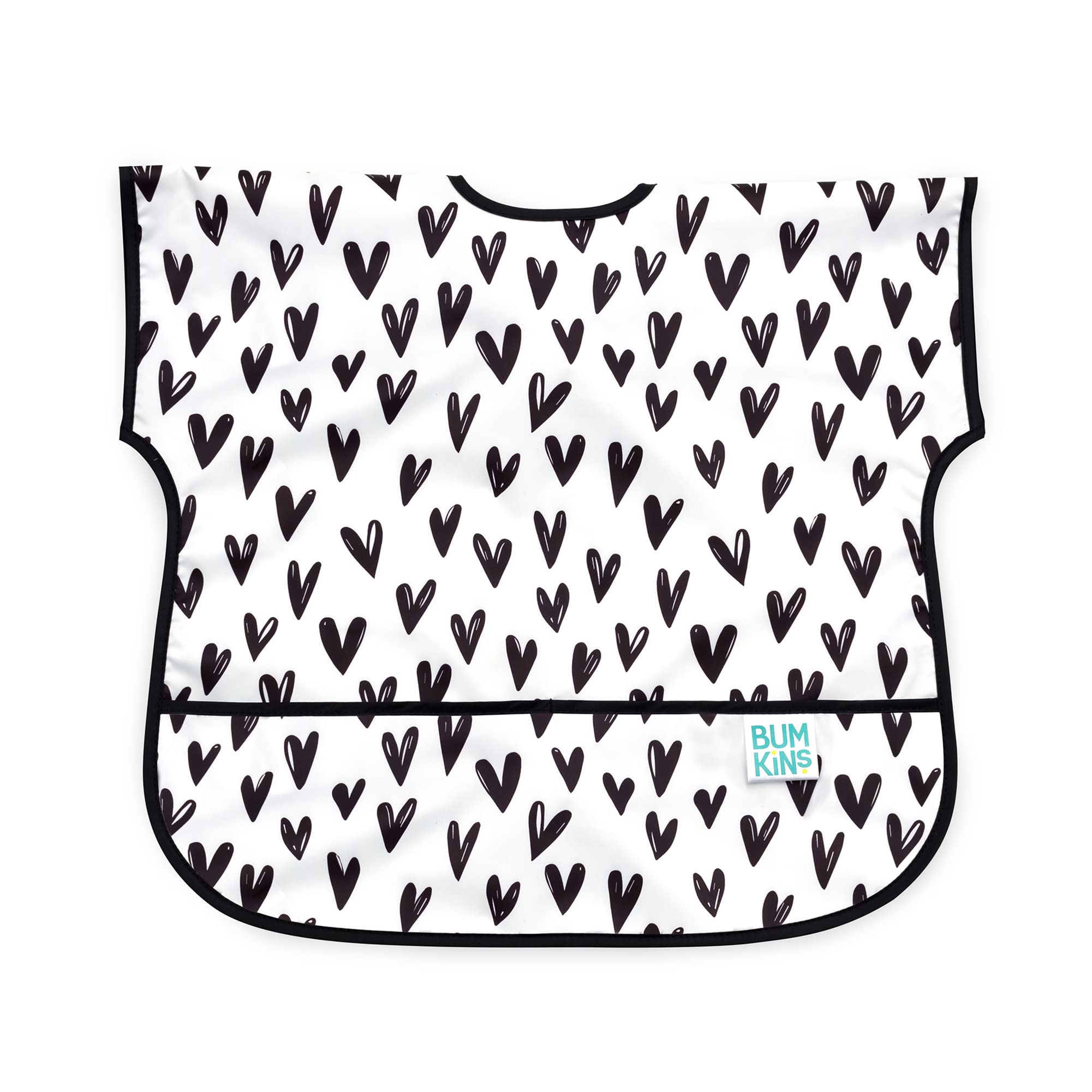 Bumkins short-sleeve bib with heart print front keeps messes contained for busy toddlers.