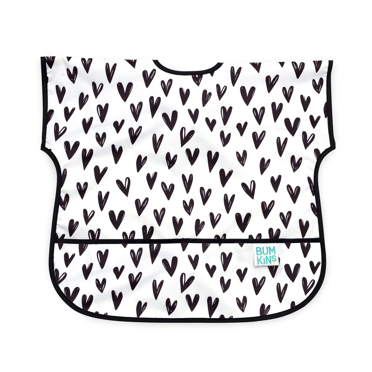Bumkins short-sleeve bib with heart print front keeps messes contained for busy toddlers.