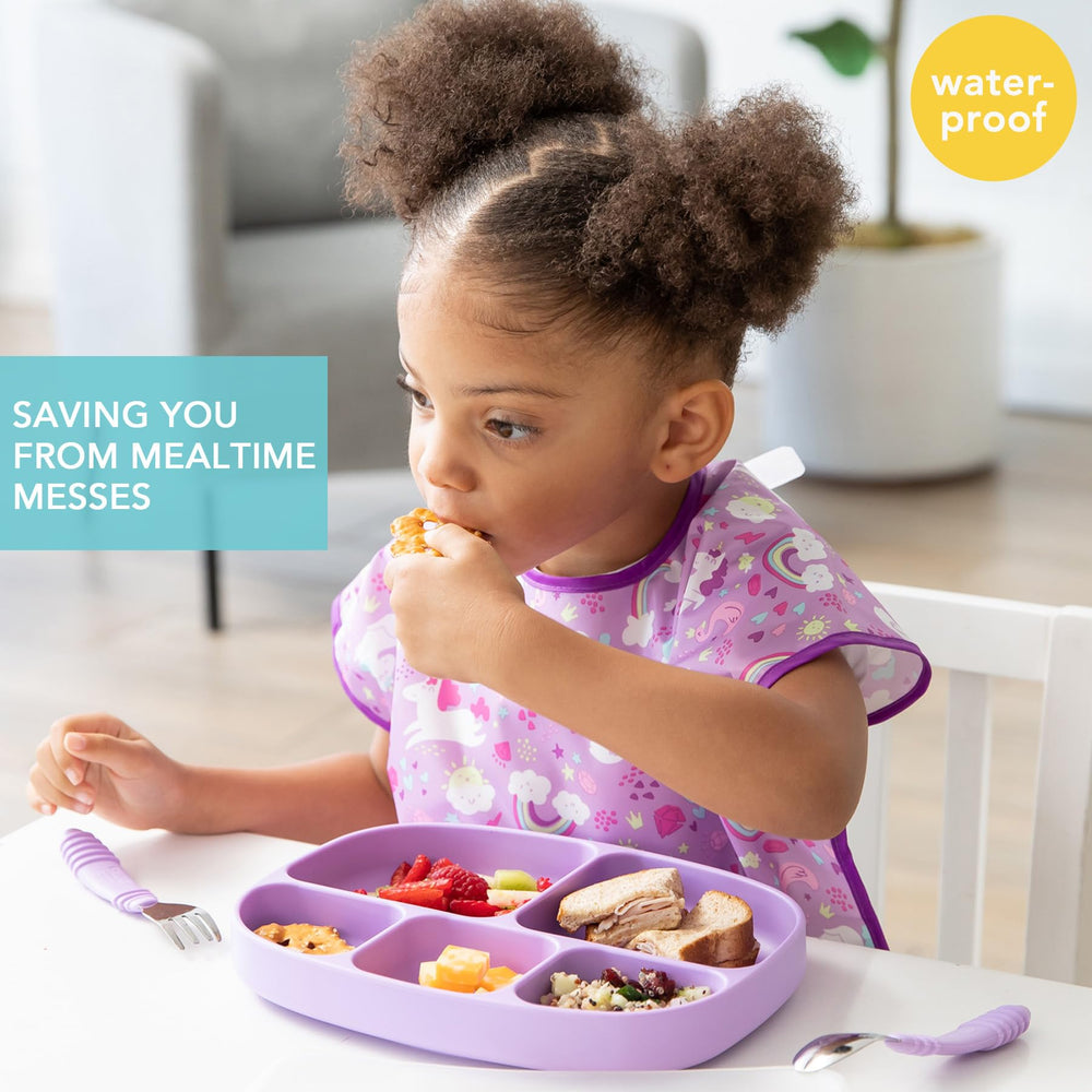 Bumkins bib pocket-crumb-catcher close-up highlights spill containment on busy toddlers