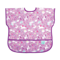 Bumkins short-sleeve unicorns purple bib front view with mess-proof coverage for meals
