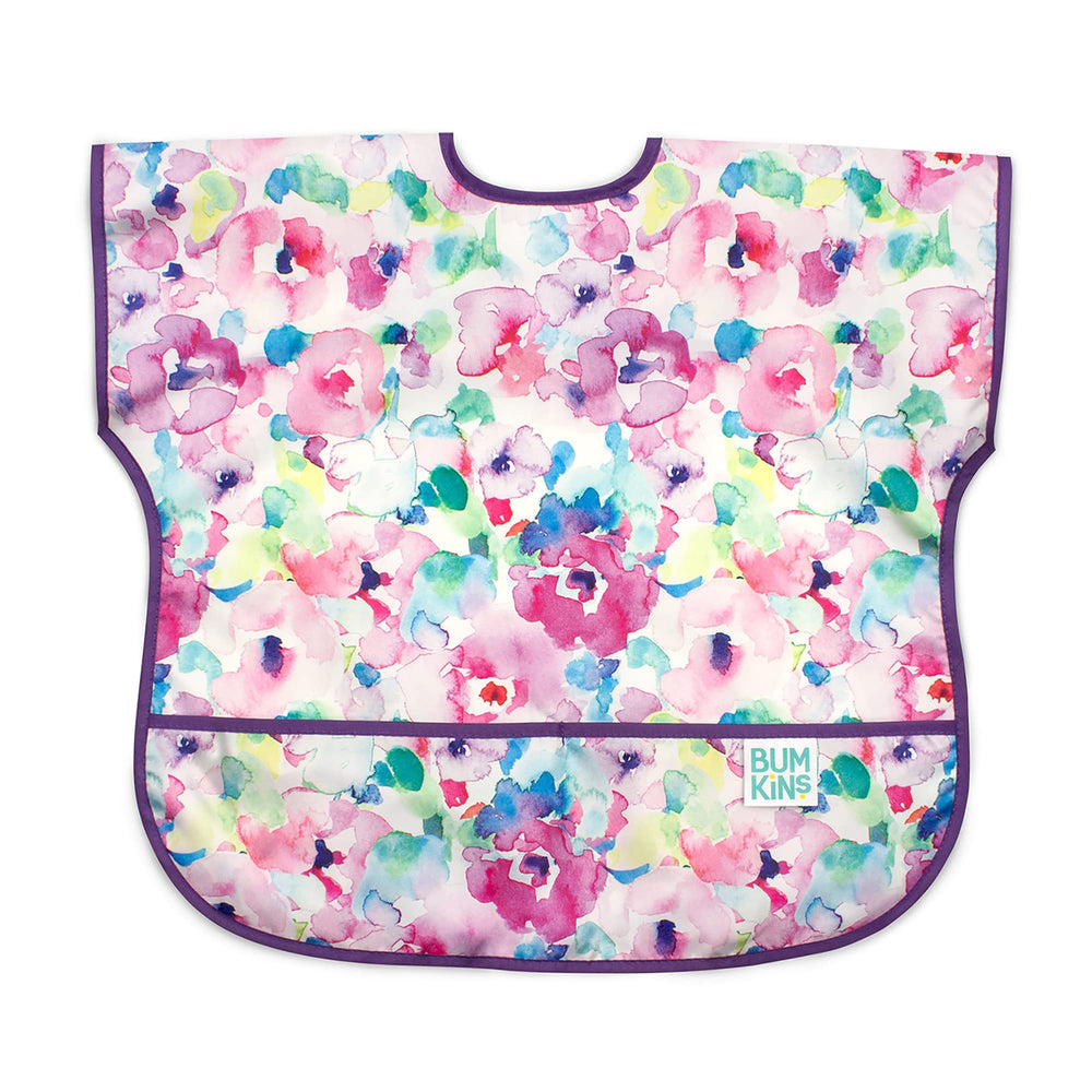 Bumkins short sleeve bib watercolors floral print protects outfits during meals.