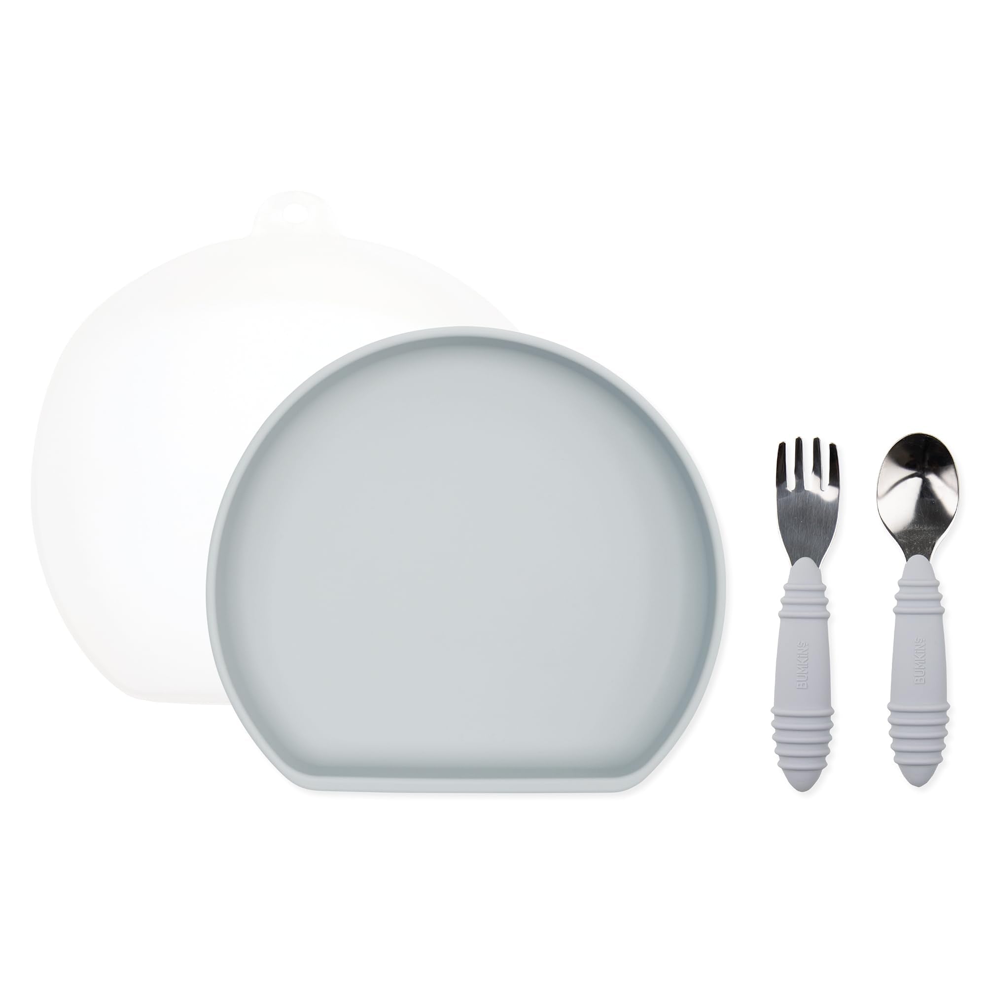 Bumkins silicone grip plate essential 4-piece set on a highchair tray promotes mess-free meals.