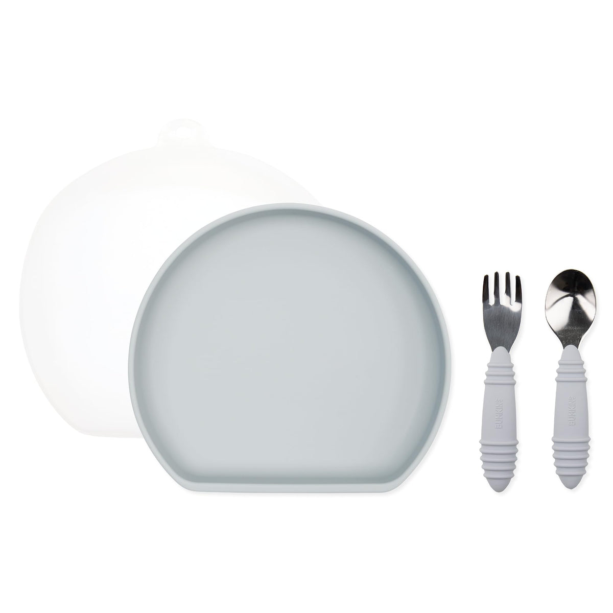 Bumkins silicone grip plate essential 4-piece set on a highchair tray promotes mess-free meals.