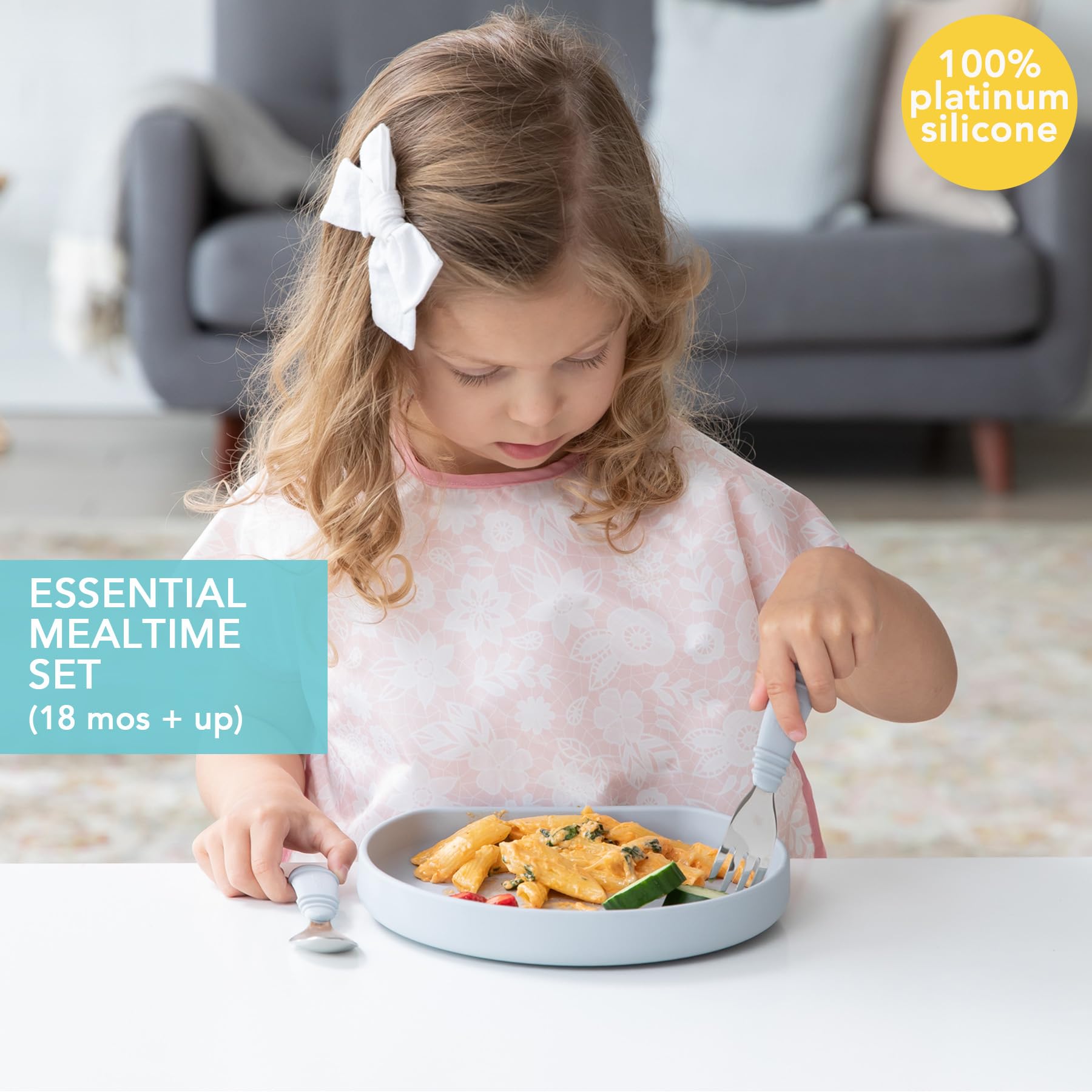 Bumkins silicone grip plate closeup highlights deep walls for balanced portions and self-feeding.