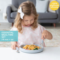 Bumkins silicone grip plate closeup highlights deep walls for balanced portions and self-feeding.