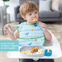 Bumkins silicone utensils spoon and fork image demonstrates small-handed comfort for self-feeding.