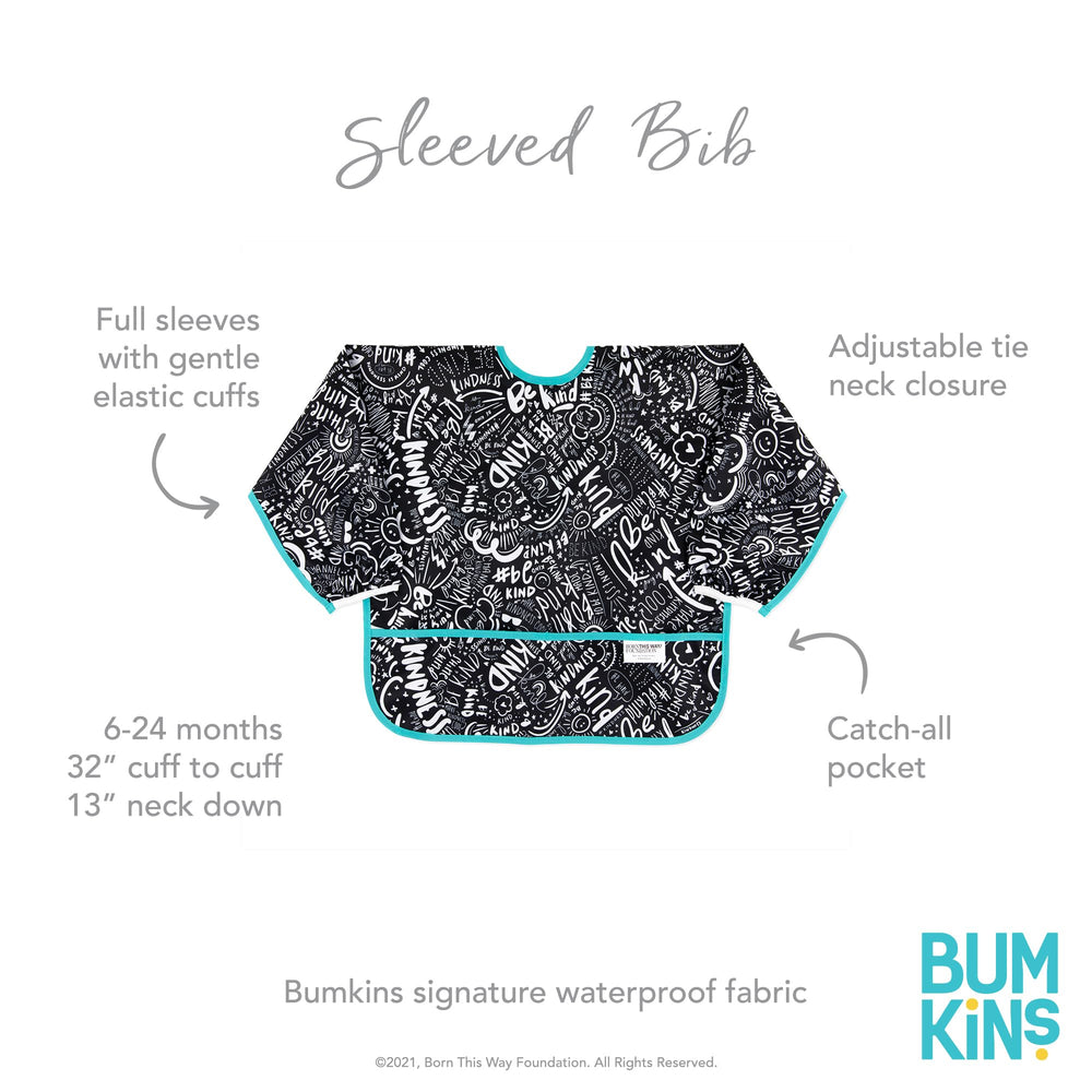 Bumkins Sleeved Bib features adjustable back-tie closure and elastic cuffs.