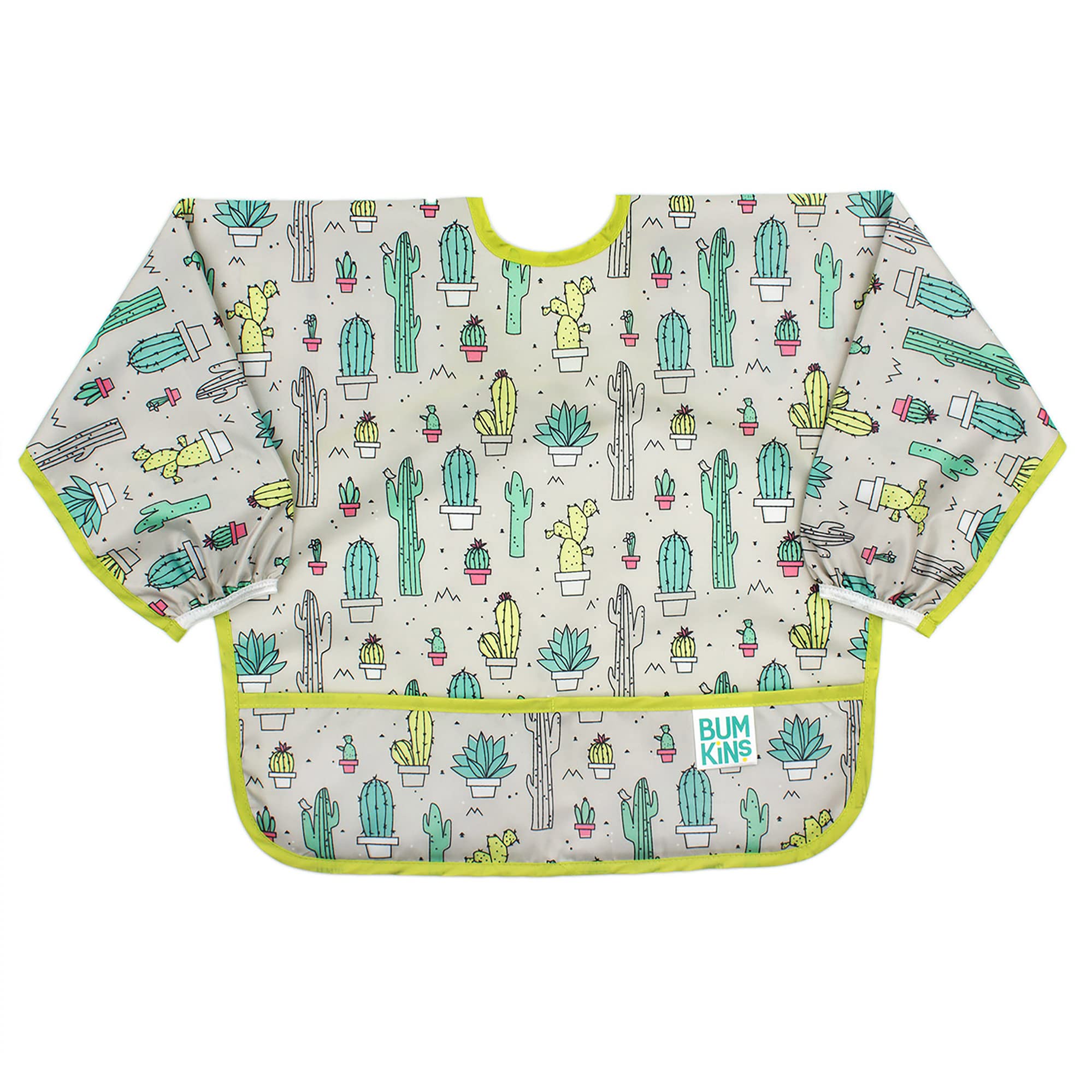 Bumkins Sleeved Bib cactus green front view catching spills during self-feeding