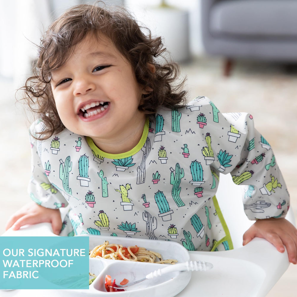 Bumkins Sleeved Bib cactus green pocket detail keeps crumbs contained