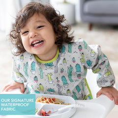 Bumkins Sleeved Bib cactus green pocket detail keeps crumbs contained
