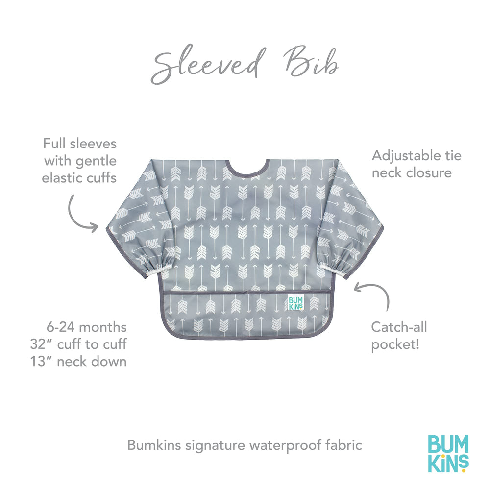 Bumkins sleeved bib gray arrows elastic cuffs adjust sleeve length for comfort.