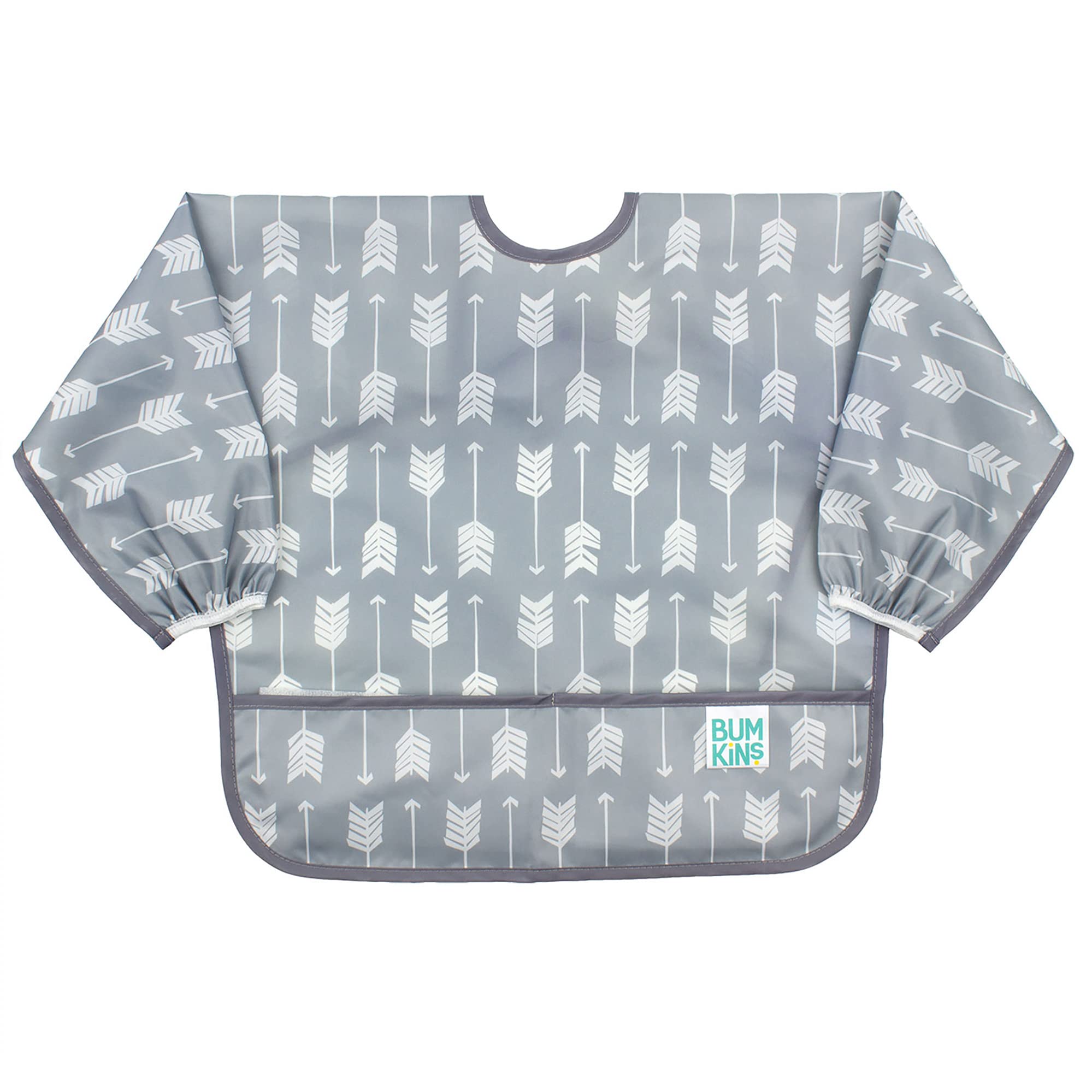 Bumkins sleeved bib gray arrows front view keeps outfits clean during meals.