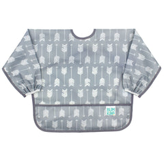 Bumkins sleeved bib gray arrows front view keeps outfits clean during meals.