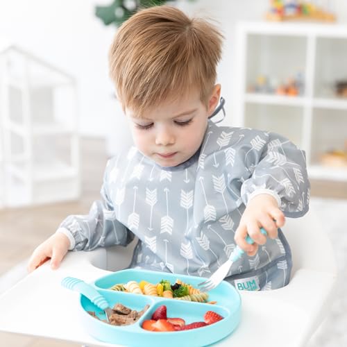 Bumkins sleeved bib gray arrows pocket catcher catches spills for mess-free feeding.