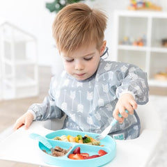 Bumkins sleeved bib gray arrows pocket catcher catches spills for mess-free feeding.