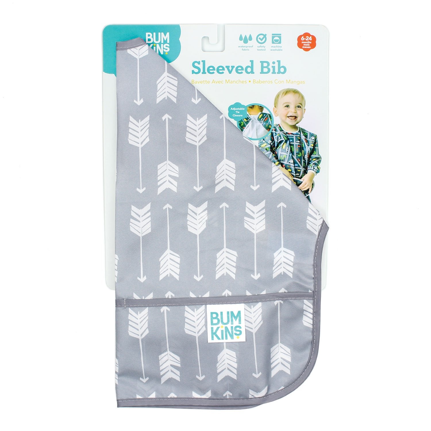 Bumkins sleeved bib gray arrows washable fabric cleans quickly after messes.