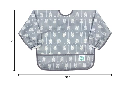 Bumkins sleeved bib gray arrows worn-on-baby shows durable, kid-friendly protection.