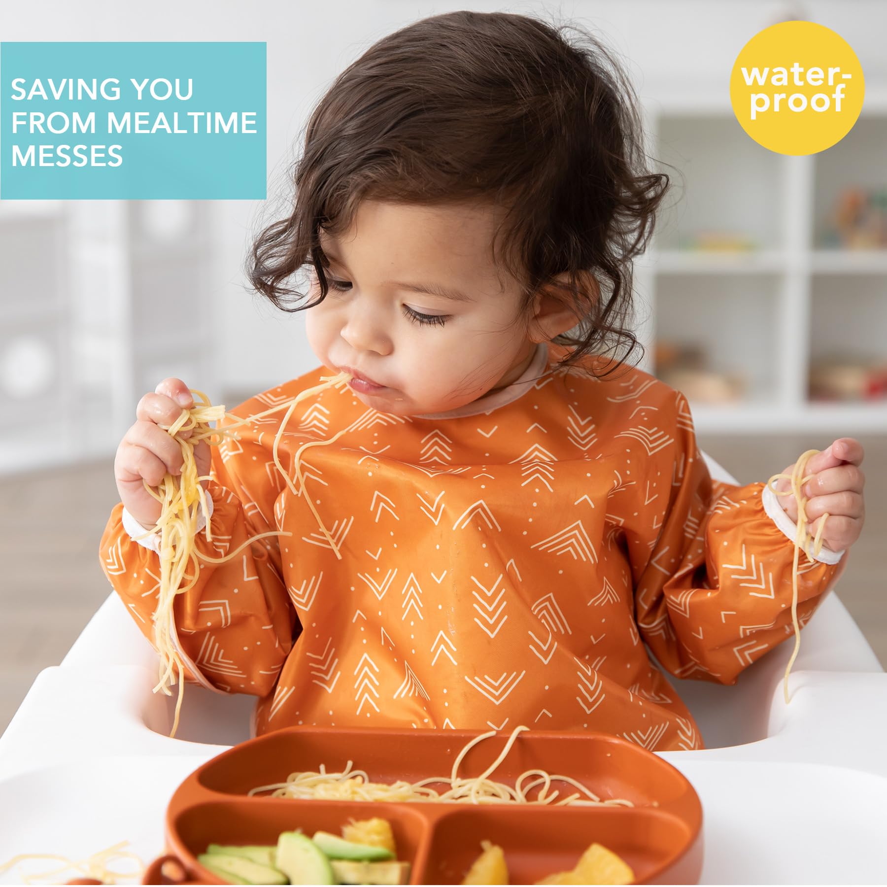 Bumkins Sleeved Bib long sleeve design provides full coverage.