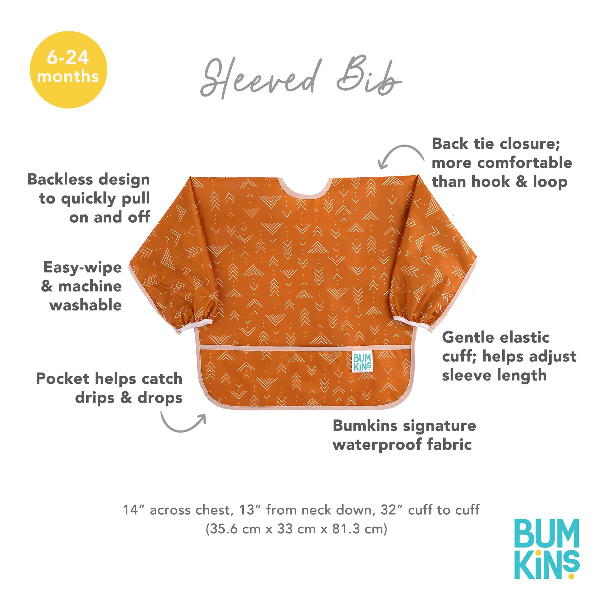 Bumkins Sleeved Bib waterproof fabric helps keep outfits cleaner.