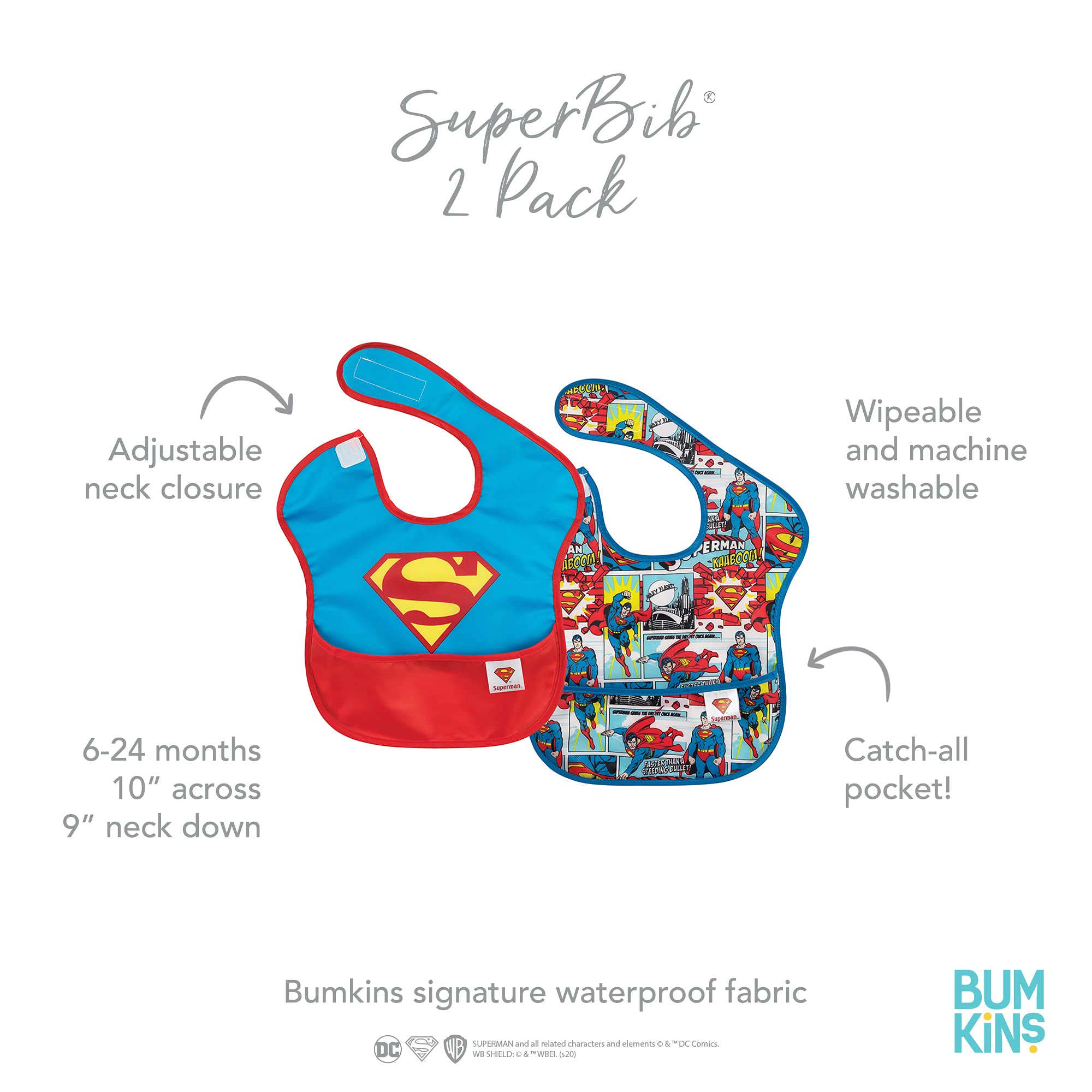 Bumkins SuperBib adjustable strap close-up showing tug-proof fit.