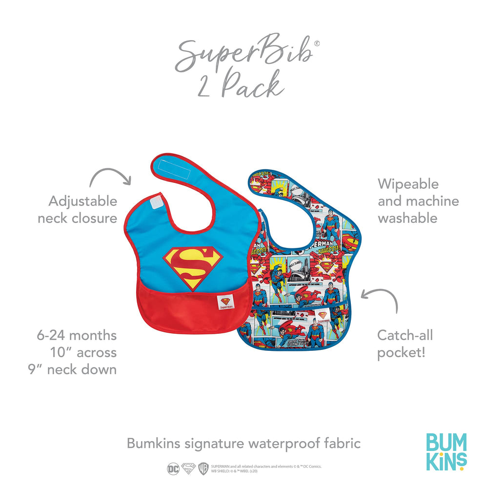Bumkins SuperBib adjustable strap close-up showing tug-proof fit.