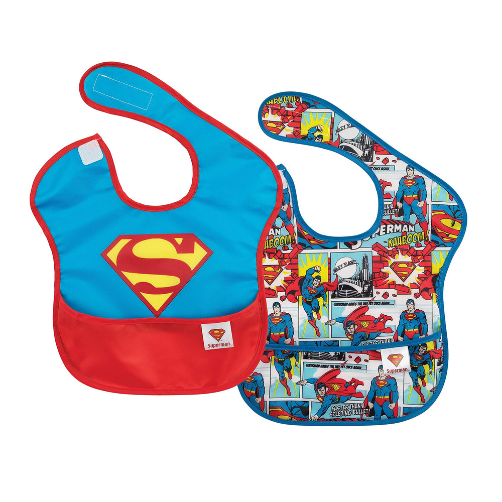 Bumkins SuperBib Batman design close-up with bold print and practical catch pocket.