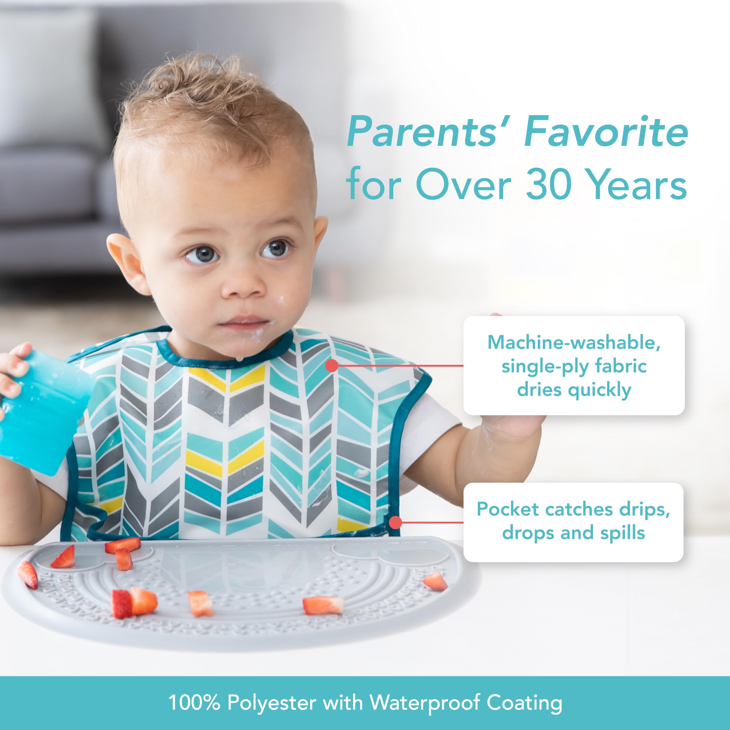 Bumkins SuperBib easy-clean, machine-washable design saves time after feeding.