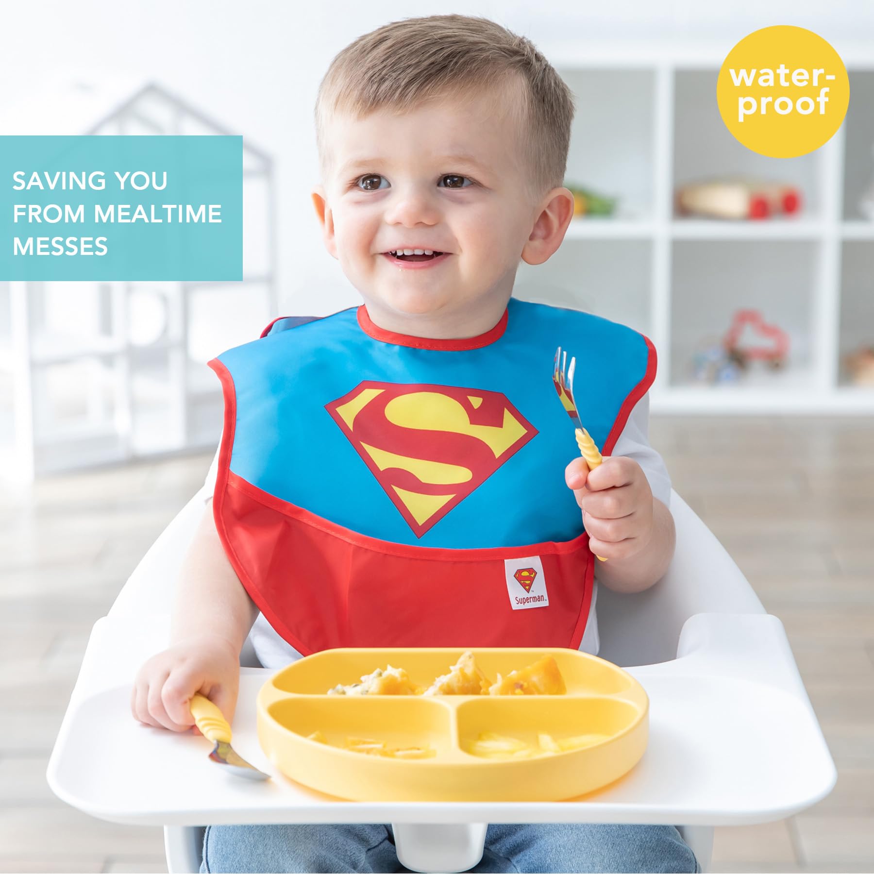 Bumkins SuperBib Superman design close-up highlighting vibrant print and kid-friendly fit.