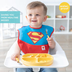Bumkins SuperBib Superman design close-up highlighting vibrant print and kid-friendly fit.