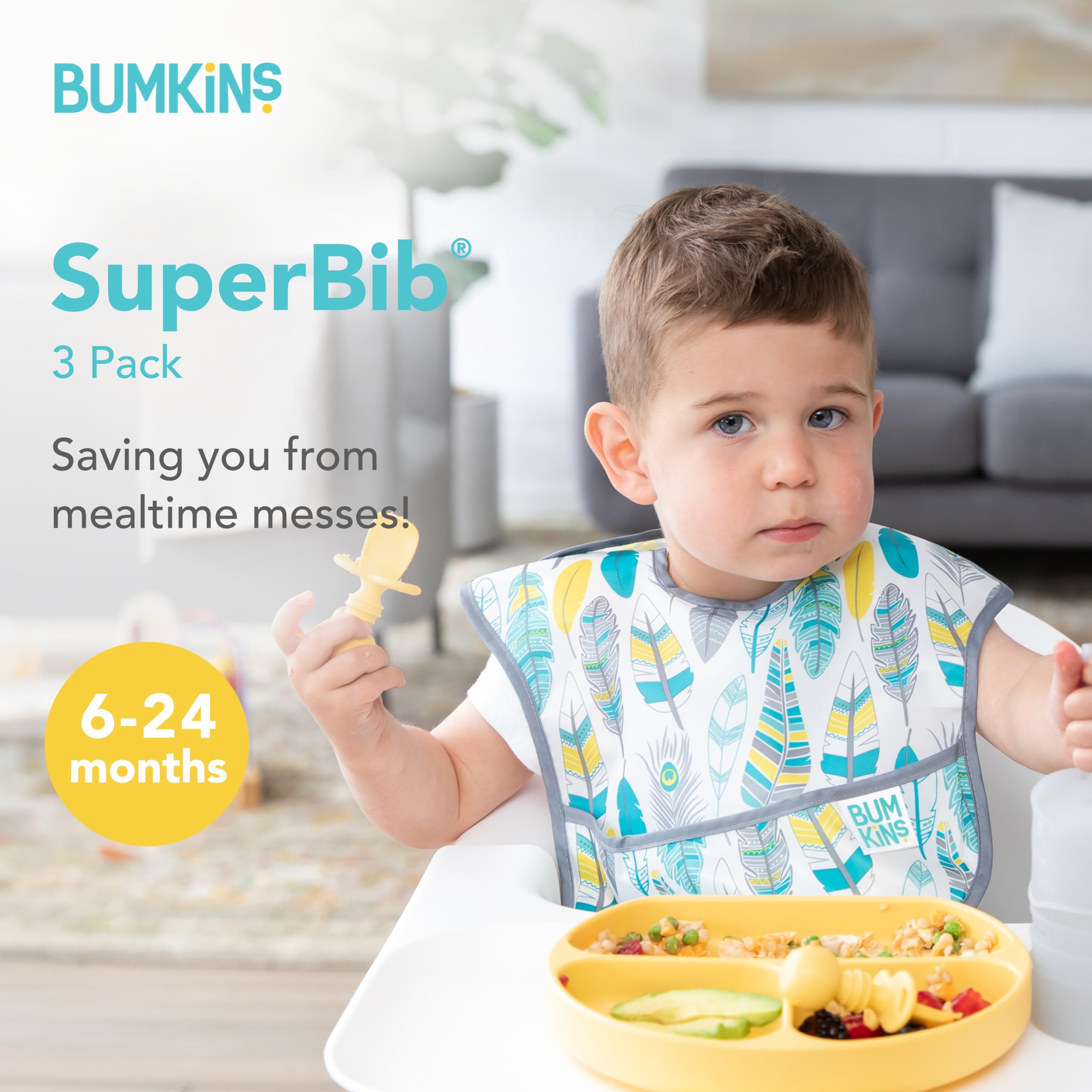 Bumkins SuperBib waterproof fabric keeps clothes dry during messy meals.