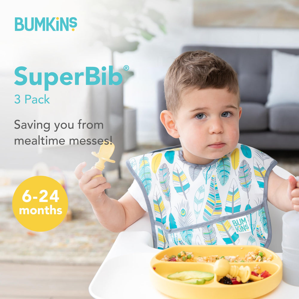 Bumkins SuperBib waterproof fabric keeps clothes dry during messy meals.