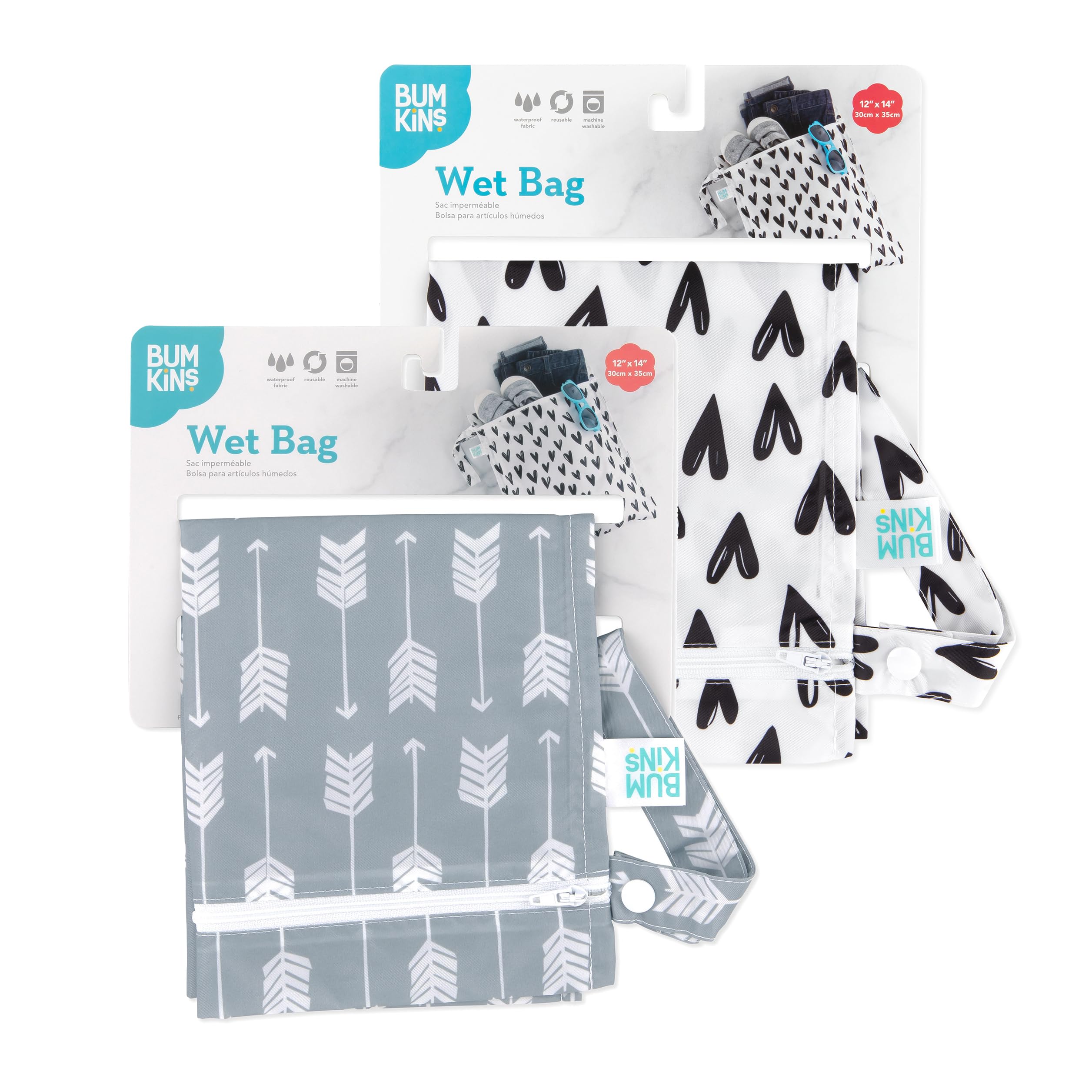 Bumkins arrows-hearts two-pack packaging highlights reusable, eco-friendly design