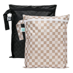 Bumkins waterproof wet bag beige check front view for travel organization and mess containment.