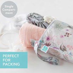 Bumkins Waterproof Wet Bag Floral Lace attached to a stroller for hands-free organization.