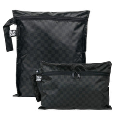 Bumkins waterproof wet bag open shows two compartments for diaper and toy organization.