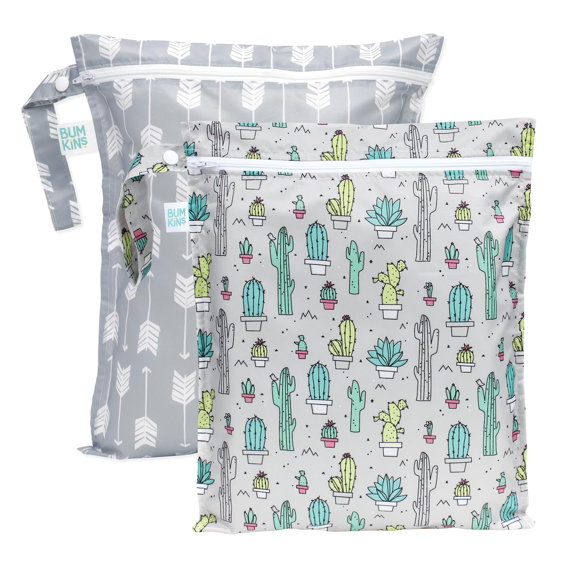Bumkins wet bag cactus design open demonstrates easy wet-dry separation on the go.