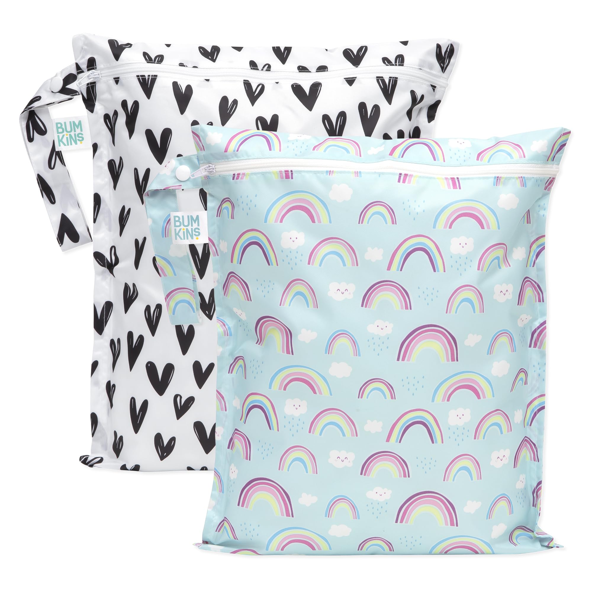 Bumkins wet bag hearts rainbows pattern closeup shows durable travel-ready organization.