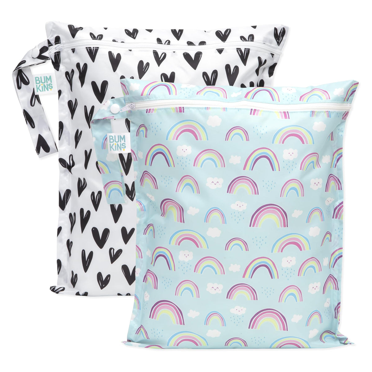 Bumkins wet bag hearts rainbows pattern closeup shows durable travel-ready organization.