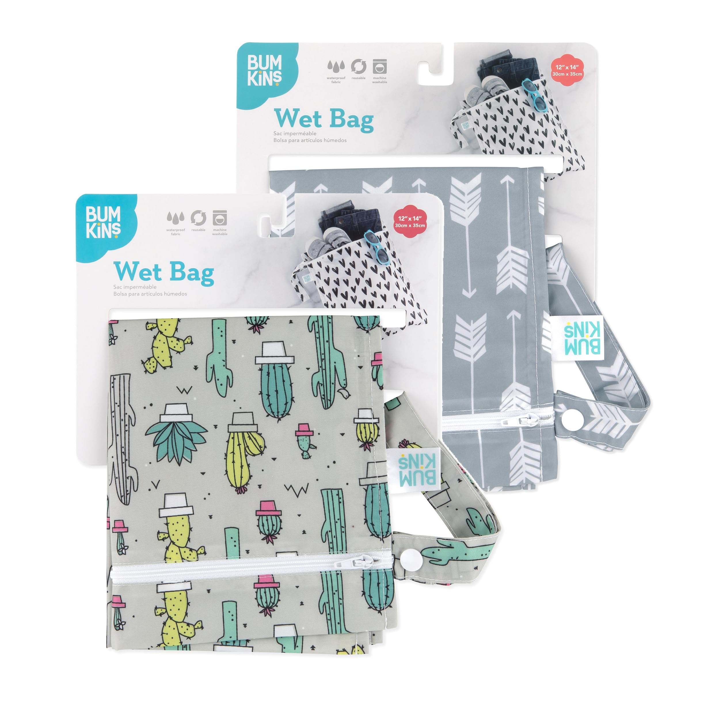 Bumkins wet bag machine-wash ready image explains easy cleaning and quick hang-dry.