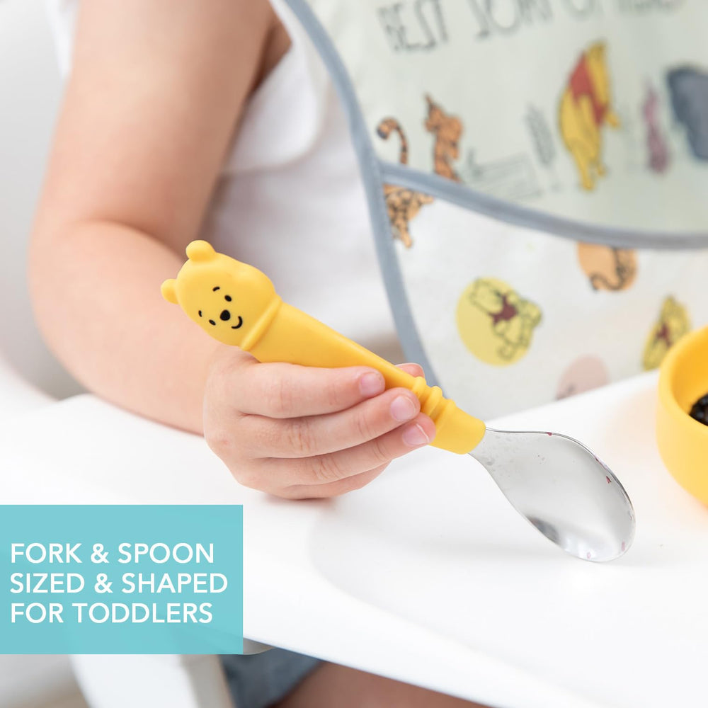 Bumkins Winnie the Pooh textured silicone handle offers secure grip during self-feeding practice