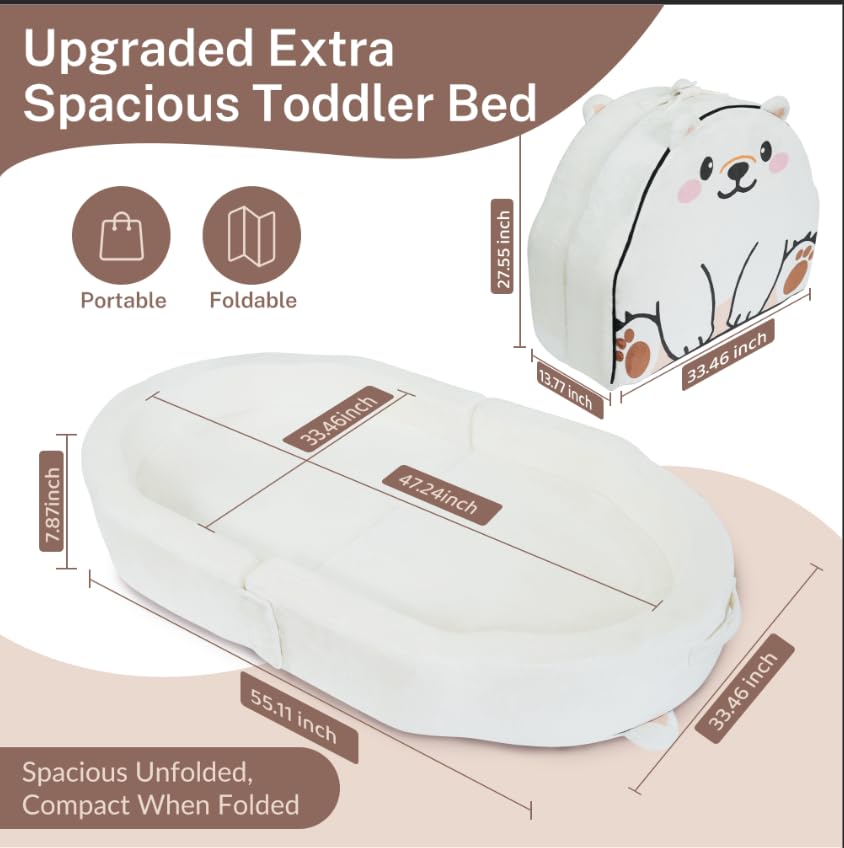 BUMNANA toddler bed shown folded in a compact travel setup for easy packing.