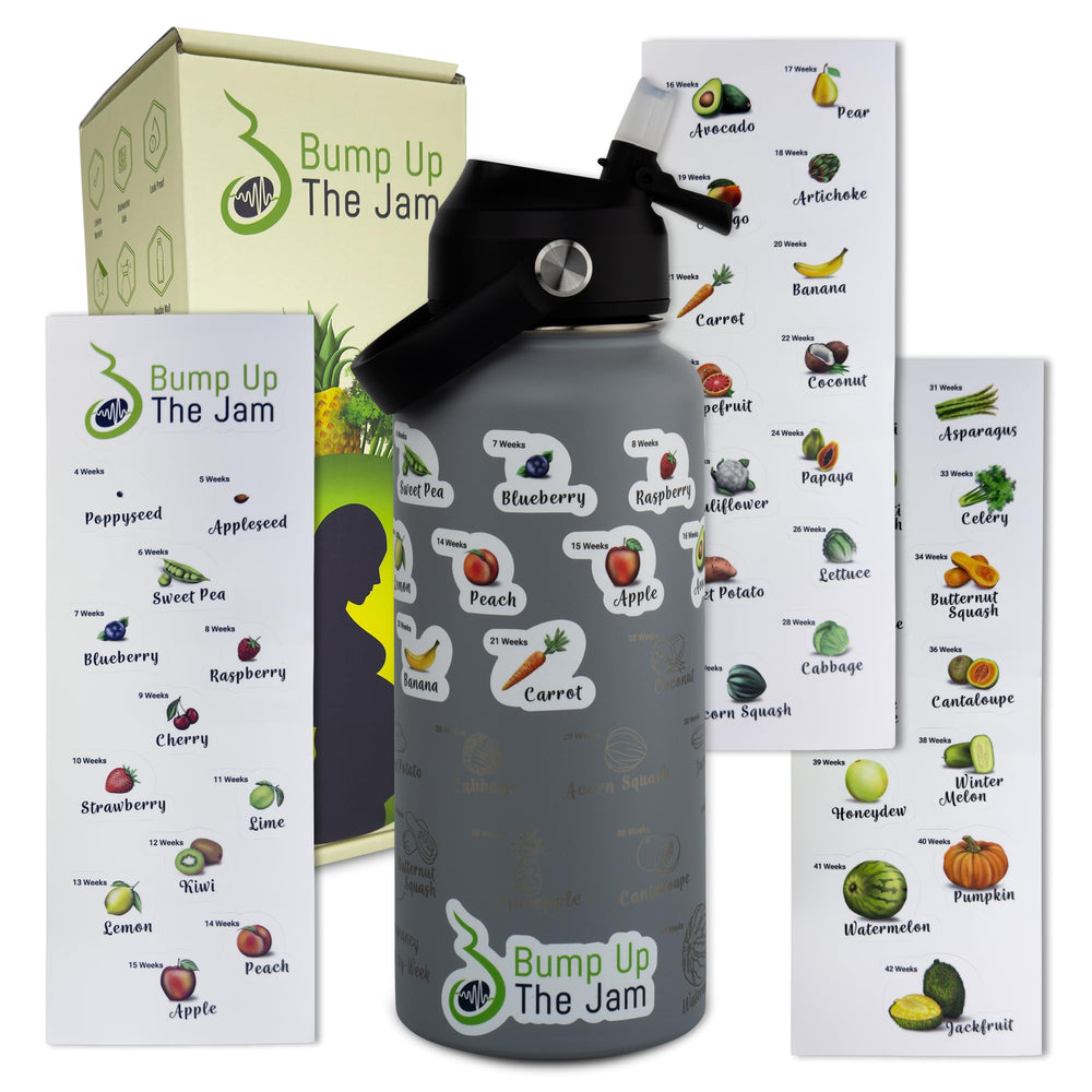 Bump Up The Jam pregnancy tracker bottle in slate shadow keeps you hydrated safely