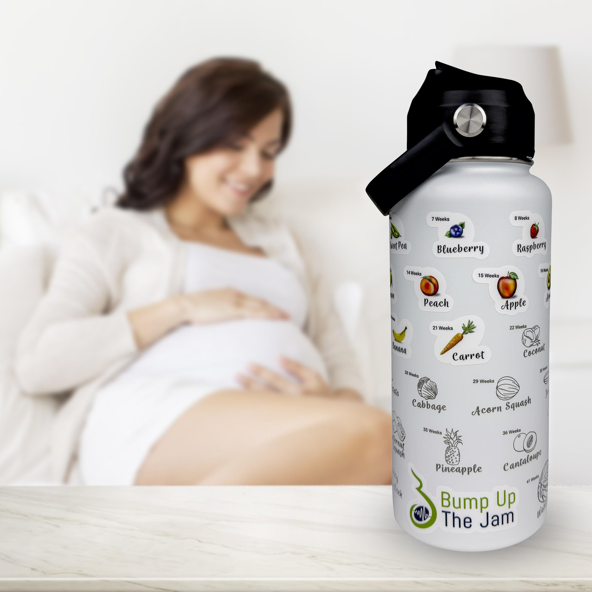 Bump Up The Jam weekly stickers closeup showing growth milestones during pregnancy