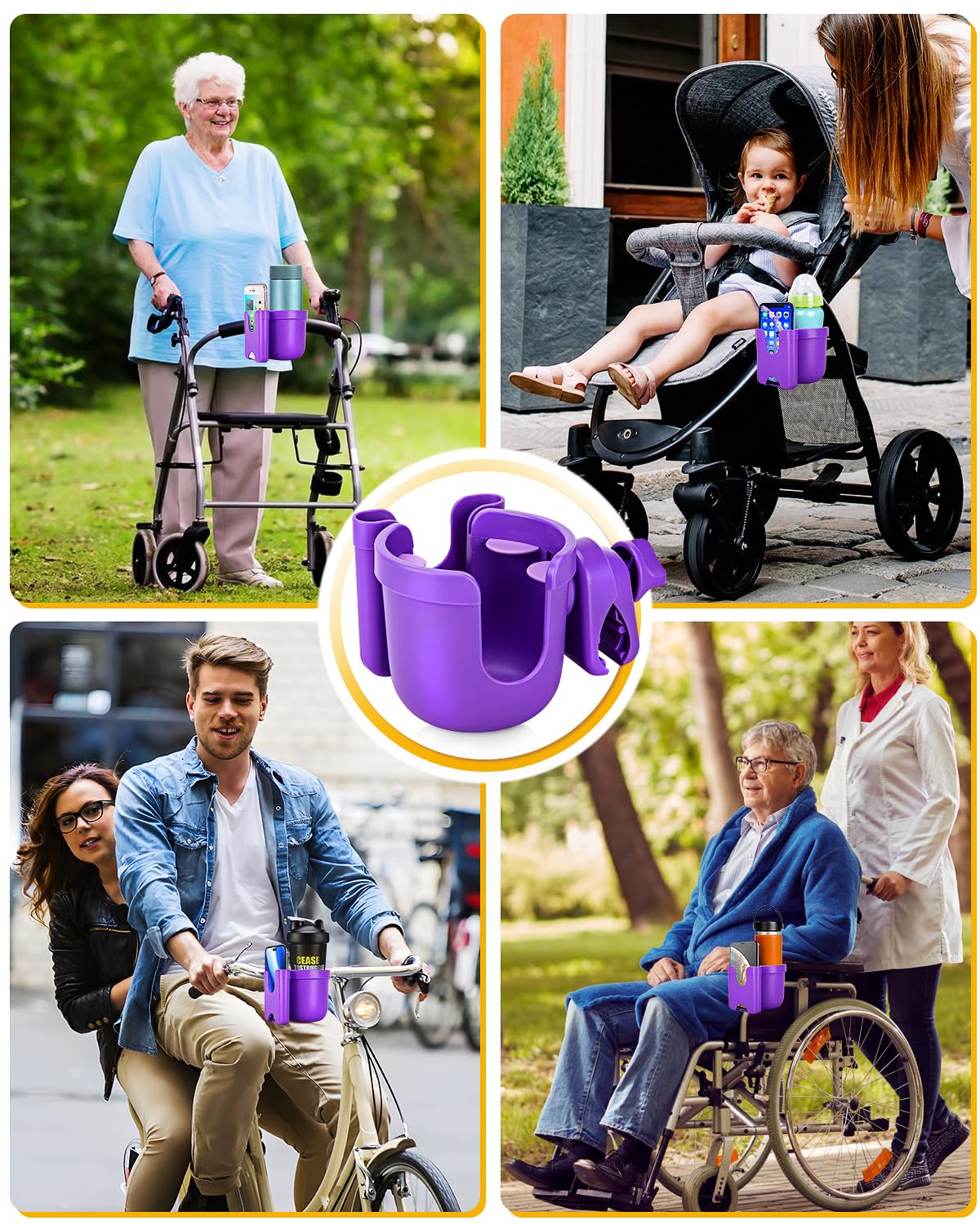 BundlePRO cup holder mounted on bike or wheelchair for quick access.