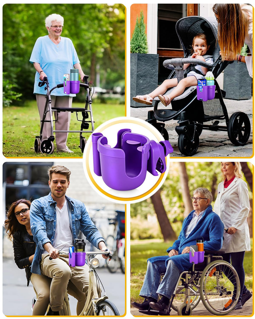 BundlePRO cup holder mounted on bike or wheelchair for quick access.