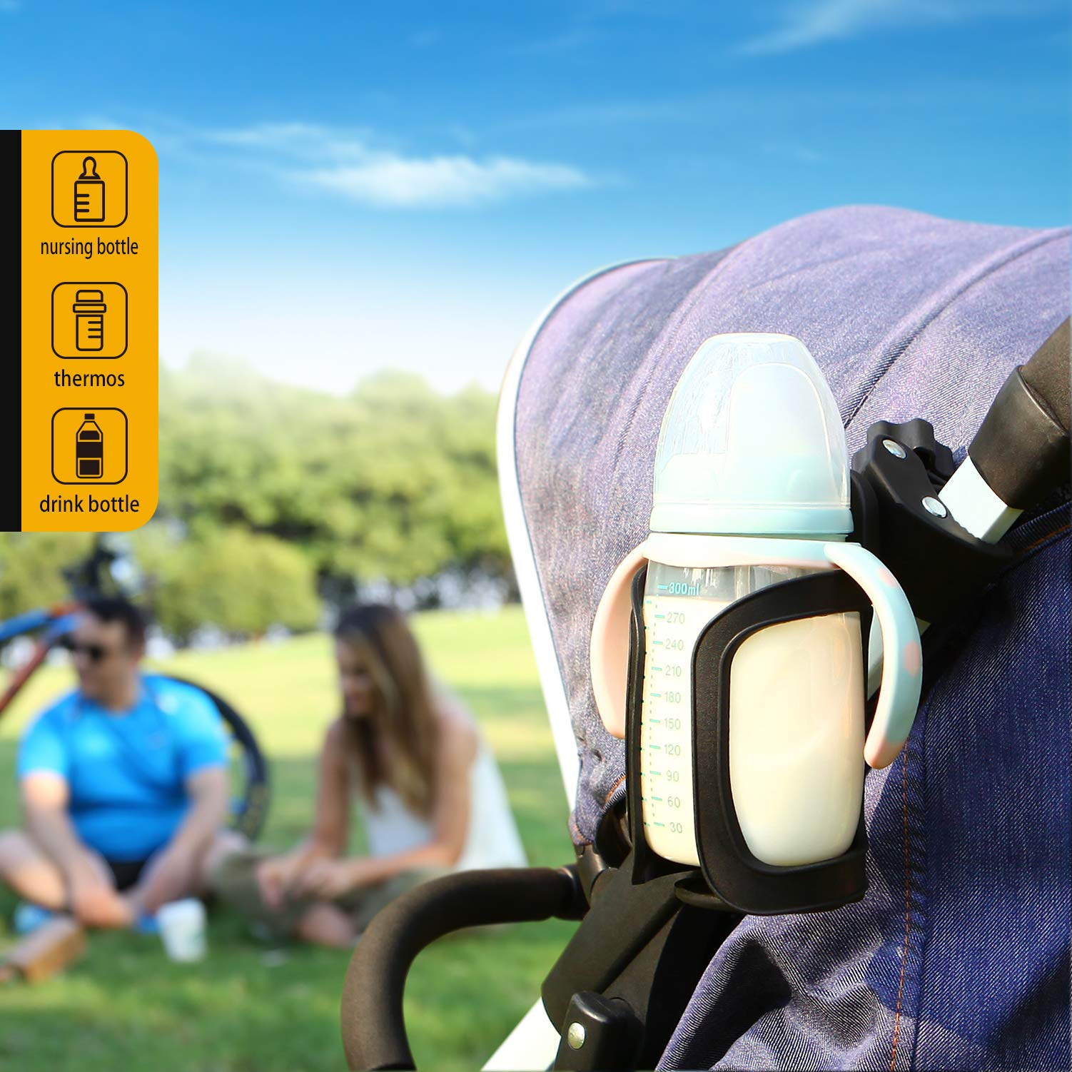 BundlePRO lightweight-easy-mount-stroller-cup-holder installs without tools on a stroller rail.